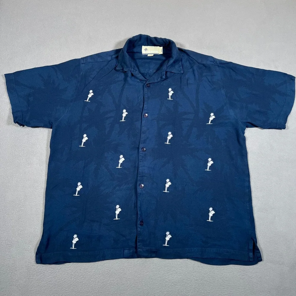 Vintage Billabong Shirt Mens Large Blue Hawaiian Button Up Loop Collar Palm Tree